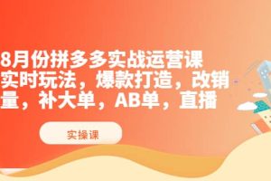 8月份拼多多实战运营课，实时玩法，爆款打造，改销量，补大单，AB单，直播