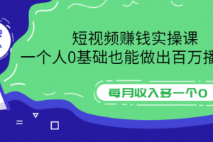 短视频赚钱实操课，一个人0基础也能做出百万播放量，每月收入多一个0